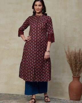 floral print straight kurta with mandarin collar