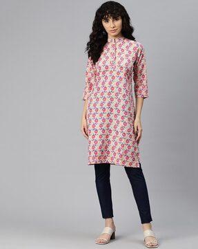 floral print straight kurta with mandarin collar