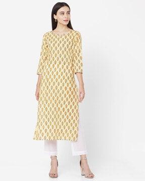 floral print straight kurta with notched-neck