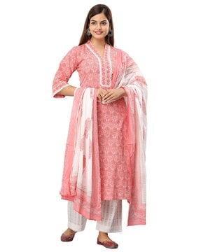 floral print straight kurta with palazzos & dupatta