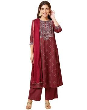 floral print straight kurta with palazzos & dupatta