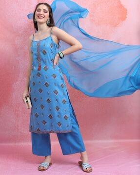 floral print straight kurta with palazzos & dupatta