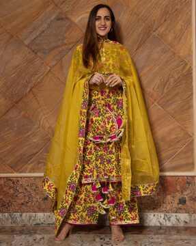 floral print straight kurta with palazzos & dupatta