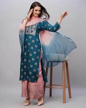 floral print straight kurta with palazzos & dupatta