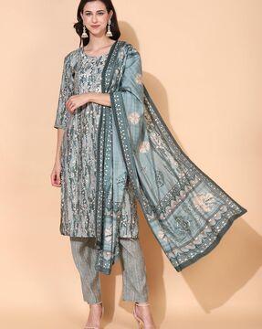 floral print straight kurta with pant & dupatta