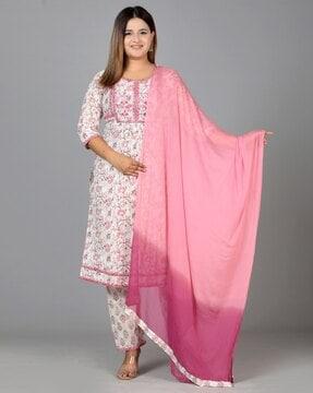 floral print straight kurta with pants & dupatta set