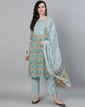 floral print straight kurta with pants & dupatta