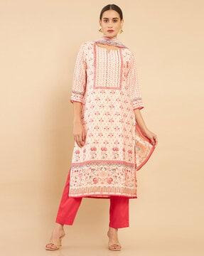 floral print straight kurta with pants & dupatta