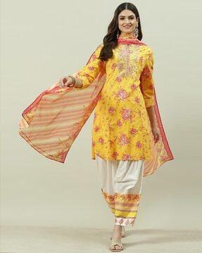 floral print straight kurta with pants & dupatta