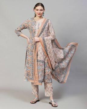 floral print straight kurta with pants & dupatta