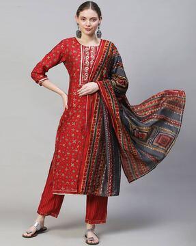 floral print straight kurta with pants & dupatta