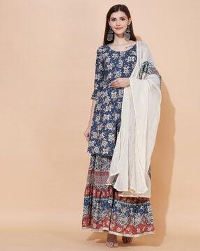 floral print straight kurta with pants & dupatta