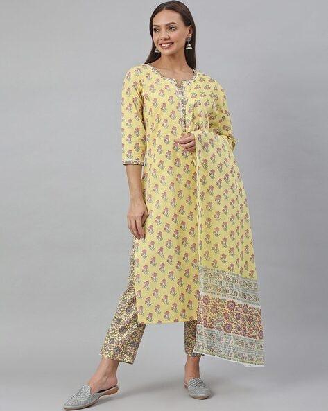 floral print straight kurta with pants & dupatta