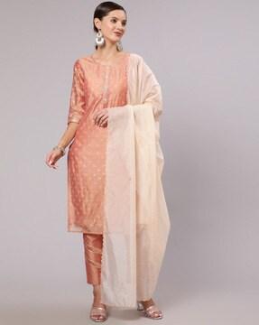 floral print straight kurta with pants & dupatta