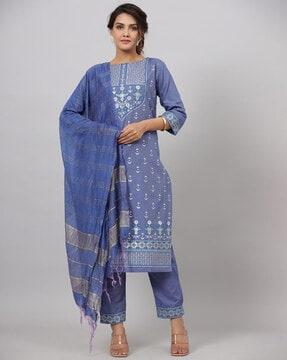 floral print straight kurta with pants & dupatta