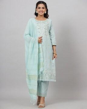 floral print straight kurta with pants & dupatta