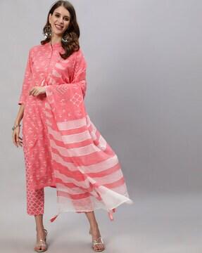 floral print straight kurta with pants & dupatta