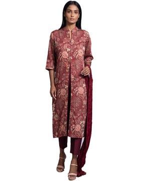 floral print straight kurta with pants & dupatta