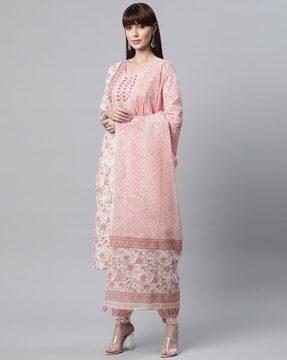 floral print straight kurta with pants & dupatta