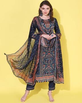 floral print straight kurta with pants & dupatta