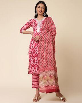 floral print straight kurta with pants & dupatta