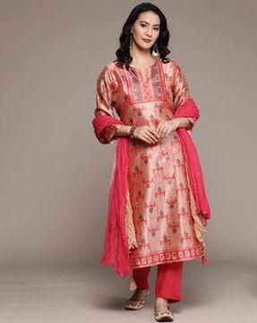 floral print straight kurta with pants & dupatta