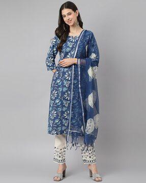 floral print straight kurta with pants & dupatta