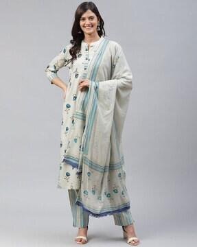 floral print straight kurta with pants & dupatta