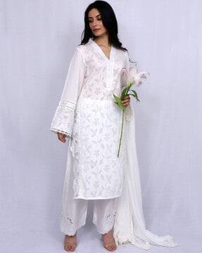 floral print straight kurta with pants & dupatta