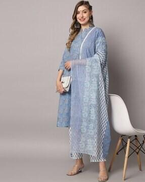 floral print straight kurta with pants & dupatta