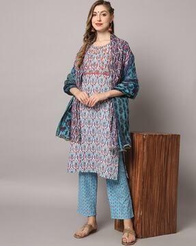 floral print straight kurta with pants & dupatta