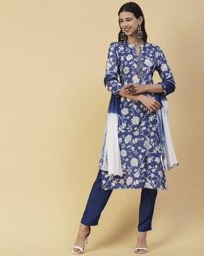 floral print straight kurta with pants & dupatta