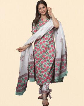 floral print straight kurta with pants & dupatta