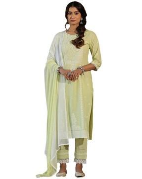 floral print straight kurta with pants & dupatta