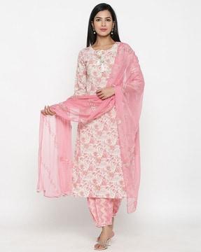 floral print straight kurta with pants & dupatta