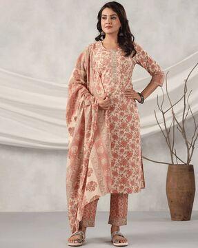 floral print straight kurta with pants & dupatta