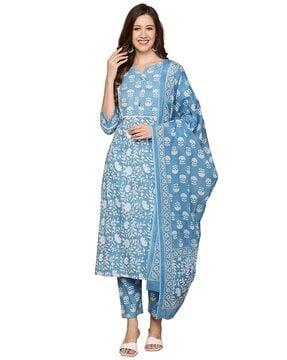 floral print straight kurta with pants & dupatta