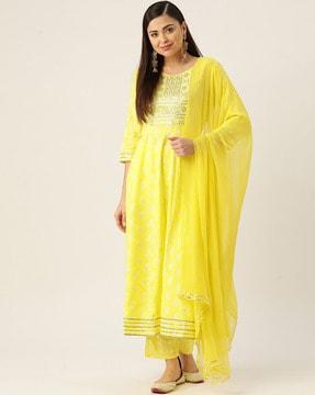 floral print straight kurta with pants & dupatta