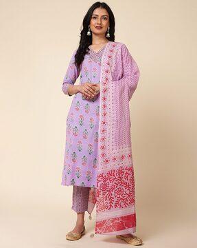 floral print straight kurta with pants & dupatta