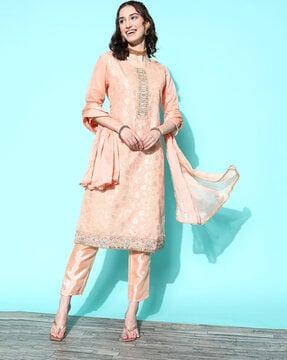 floral print straight kurta with pants & dupatta