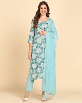 floral print straight kurta with pants & dupatta