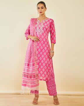 floral print straight kurta with pants & dupatta