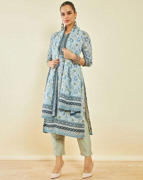 floral print straight kurta with pants & dupatta