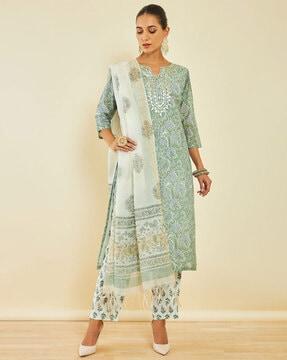 floral print straight kurta with pants & dupatta