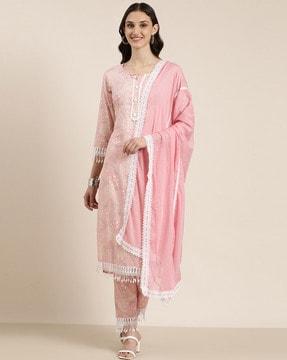 floral print straight kurta with pants & dupatta