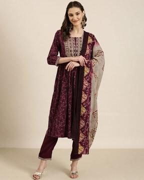 floral print straight kurta with pants & dupatta