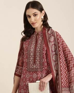 floral print straight kurta with pants & dupatta