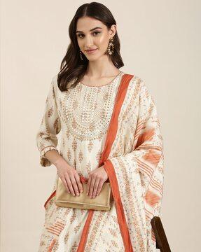 floral print straight kurta with pants & dupatta