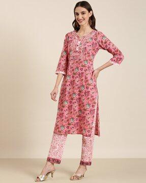 floral print straight kurta with pants & dupatta