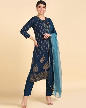 floral print straight kurta with pants & dupatta